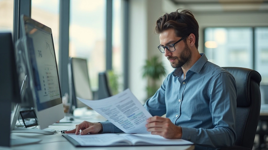 Аналитик рассматривает финансовые отчеты и графики рынка на рабочем месте