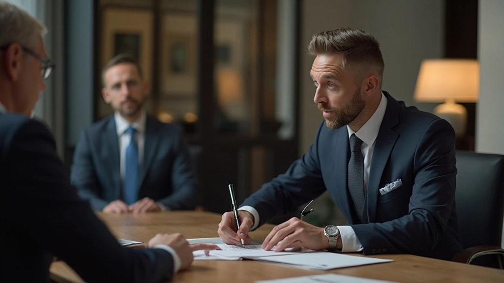 Деловой мужчина в костюме обсуждает инвестиционные стратегии с клиентом в офисе