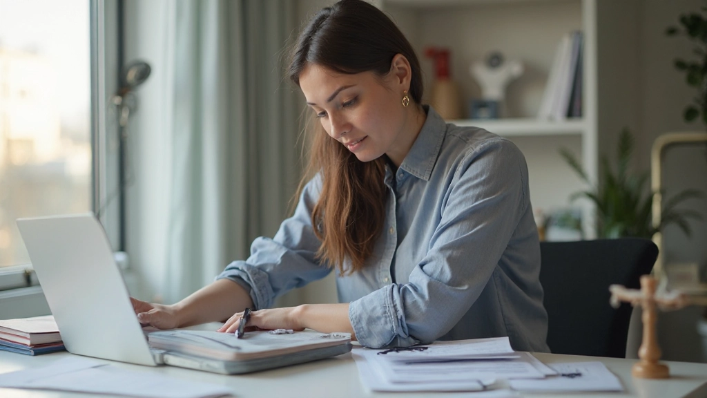 Молодая женщина планирует семейный бюджет, сидя за компьютером с калькулятором и блокнотом